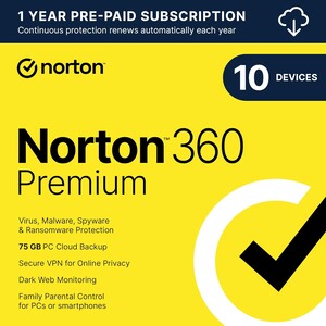 Norton 360 Premium 2024, Antivirus software for 10 Devices with Auto Renewal - Includes VPN, PC Cloud Backup & Dark Web Monitoring