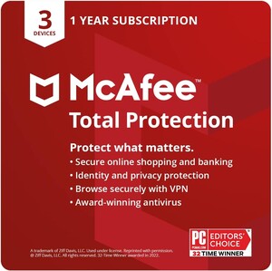 McAfee Total Protection | 3 Device | Antivirus Internet Security Software | VPN, Password Manager, Dark Web Monitoring | 1 Year Subscription | Download Code